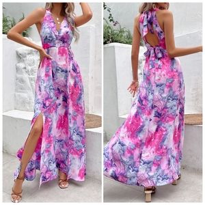 Pink Printed Open Back Slit Dress